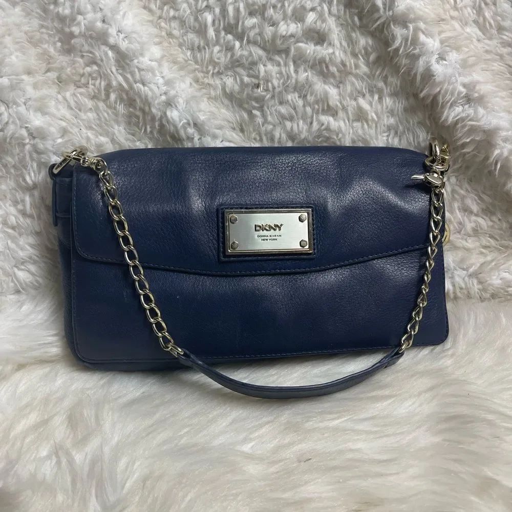 DKNY Melissa leather Navy Blue satchel with silver tone chain strap.